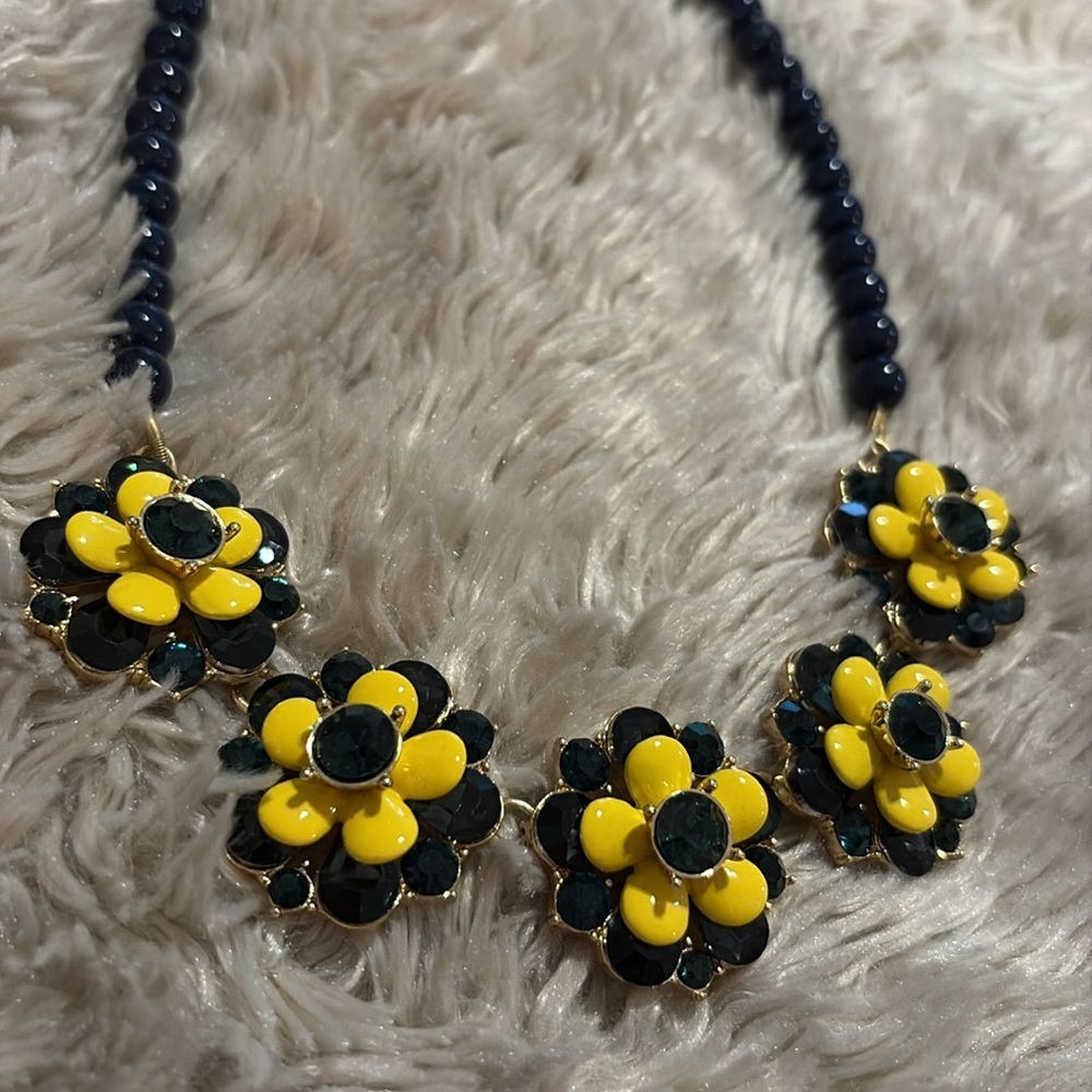 Talbots Yellow Blue Flower Rhinestone Adjustable Statement Goldtone Necklace - Picture 2 of 5